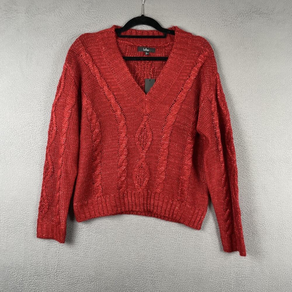 Lulus Sweater Pullover Womens M Red Cable-Knit V-Neck Heavyweight Relaxed